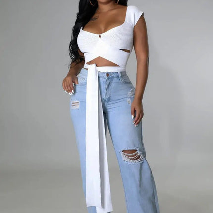 Women's Ripped Straight Boyfriend Denim Wide-Leg Jeans