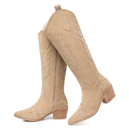 SHIBEVER Cowboy Boots for Women Knee High Suede Pointed Toe Cowgirl Boots Embroidered Pull - On Chunky Heel Western Boots Khaki 6.5 - Lamarshop1