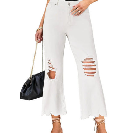 luvamia Wide Leg Jeans for Women Trendy High Waisted Flare Ripped Cropped Jeans Stretchy Distressed Denim Pants Raw Hem Ripped Wide Leg Jeans for Women Womens Pants Women Cream White Size 4 Size 6