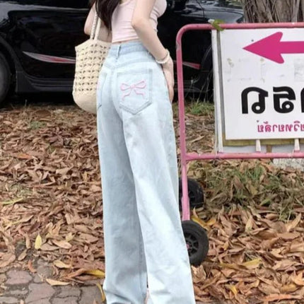Ballet Embroidery Light Blue Wide-leg Jeans