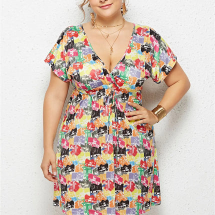 Printed Deep V-Neck Dress with Elastic Waist