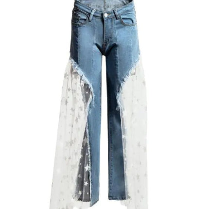 Star Mesh Patchwork Wide Leg Jeans with Frayed Detail