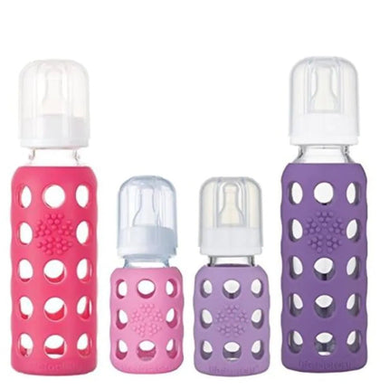 Lifefactory Glass Baby Bottles with Silicone Protection - 4-PACK 4 oz/9 oz Bottles (1- Pink 1- Raspberry 1- Lavender & 1- Grape)