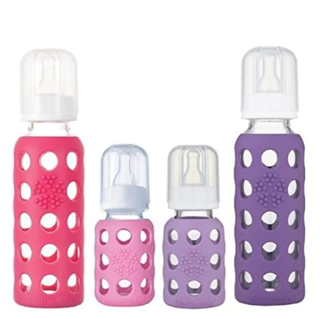 Lifefactory Glass Baby Bottles with Silicone Protection - 4-PACK 4 oz/9 oz Bottles (1- Pink 1- Raspberry 1- Lavender & 1- Grape)