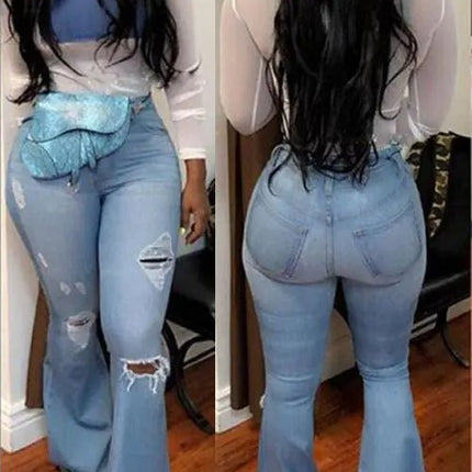 High-Waisted Retro Stretch Ripped Wide-Leg Jeans