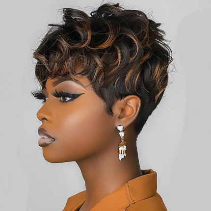 Short Pixie Cut Wigs for Black Women Short Curly Hair Layered Wavy Pixie Cut Wigs With Bangs Short Wigs for Black Women Black Mixed Brown Pixie Wigs for Women Short Brown Wig (Black Mixed Brown) - Lamarshop1