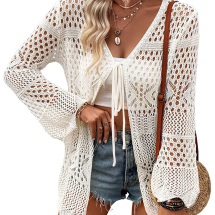 Women Lightweight Crochet Cardigans Tie Front Hollow Out Long Sleeve Knitted Cardigan Cover Up Beige - Lamarshop1
