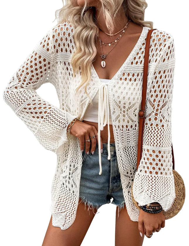 Women Lightweight Crochet Cardigans Tie Front Hollow Out Long Sleeve Knitted Cardigan Cover Up Beige - Lamarshop1