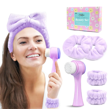 my novel things Spa Headband for Washing Face Skincare headband and wristband set Facial Cleansing Brush 2 - in - 1 Skin Care face Brush Come with a Hair Scrunchie For Massaging Makeup Skincare - Purple - Lamarshop1