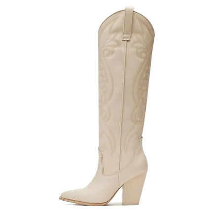 VOMIRA Knee High Cowboy Boots for Women Pointed Toe Chunky High Heels Pull - on Embroidered Boots Western Boots Wide Calf Cowgirl Boots - Lamarshop1