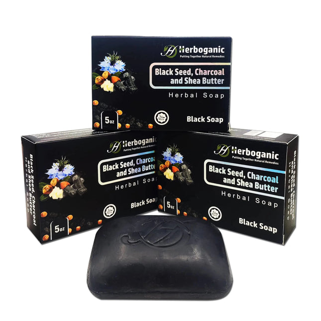 HERBOGANIC Black Seed Charcoal and Shea Butter Herbal Soap | Pack of 3 of 5oz soap Bar | Natural Bar Soap for Face and Body | Hydrating and Nourishing | Suitable for Men and Women - Lamarshop1