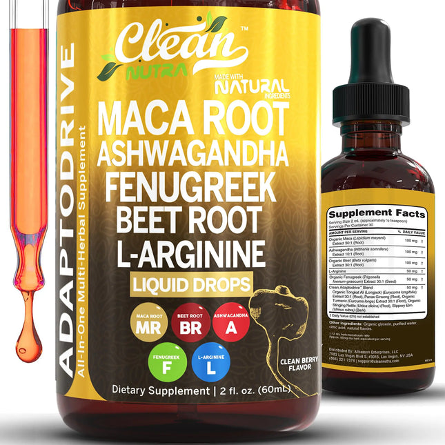 Organic Maca Root Liquid Drops with Ashwagandha Fenugreek Beet Root and L - Arginine Liquid Multivitamin for Women and Men - Adapto Drive by Clean Nutra - Lamarshop1