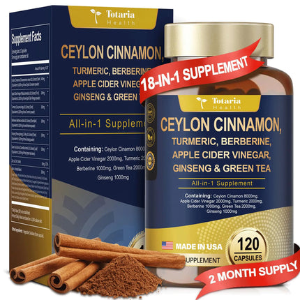 Totaria 18 - in - 1 Ceylon Cinnamon 8000mg Made in USA 2000mg Apple Cider Vinegar 2000mg Turmeric 1000mg Berberine 1000mg Ginseng Plus Bitter Melon for Gut Metabolism & Heart 120 Vegan Capsules - Lamarshop1
