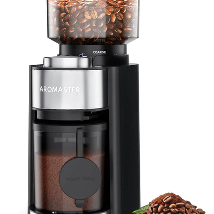 Aromaster Burr Coffee Grinder Coffee Bean Grinder with 25 Grind Setting 2 - 12 Cups Timer Conical Coffee Grinders for Home Use 3 - Ears Portafilter Holder Cleaning Brush Black - Lamarshop1