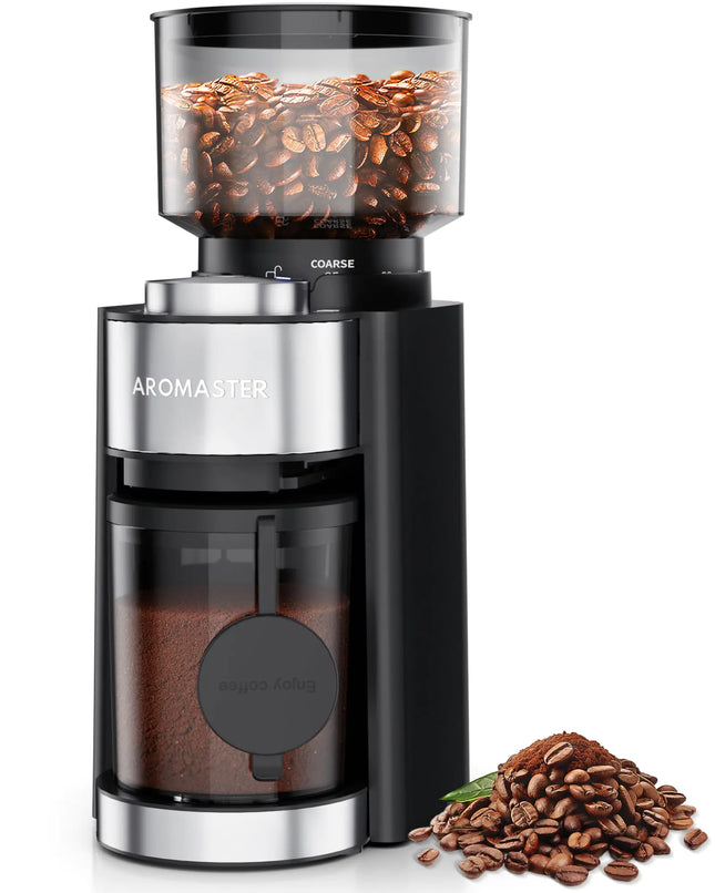 Aromaster Burr Coffee Grinder Coffee Bean Grinder with 25 Grind Setting 2 - 12 Cups Timer Conical Coffee Grinders for Home Use 3 - Ears Portafilter Holder Cleaning Brush Black - Lamarshop1