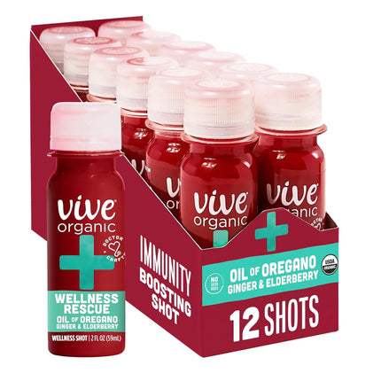 Vive Organic Immune Support Shot Cold-Pressed Ginger Elderberry & Oil of Oregano Gluten Free Vegan Wellness Rescue Oil of Oregano 2 Fl Oz (Pack of 12)
