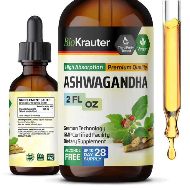 BIO KRAUTER Ashwagandha Drops - Ashwagandha Supplements for Calmness - Withania Somnifera Liquid Extract - Vegan Mood Support - 2 Fl.Oz. - Lamarshop1