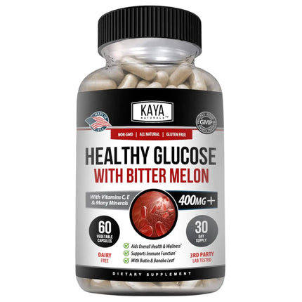 Kaya Naturals Healthy Gluco with Bittermelon Supplement | Support Healthy Levels and Function 20 Herbs Vitamins and Minerals Alpha Lipoic Acide Cinnamon Vitamin C & E Non - GMO (60 Count) - Lamarshop1
