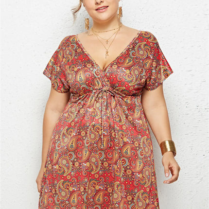 Printed Deep V-Neck Dress with Elastic Waist