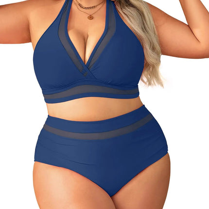 Tempt Me Women Plus Size Bikini High Waisted Swimsuits Mesh Tummy Control Two Piece Bathing Suit Navy Blue 22 Plus - Lamarshop1