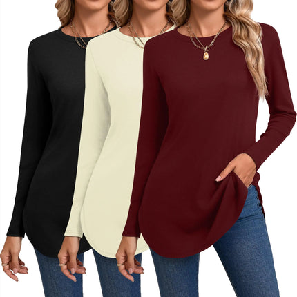 Riyiper 3 Pack Womens Long Sleeve Tunic Tops Casual Round Neck Loose Shirts Curved Hem Side Split Basic Tee(Wine Red Cream BlackSmall) - Lamarshop1