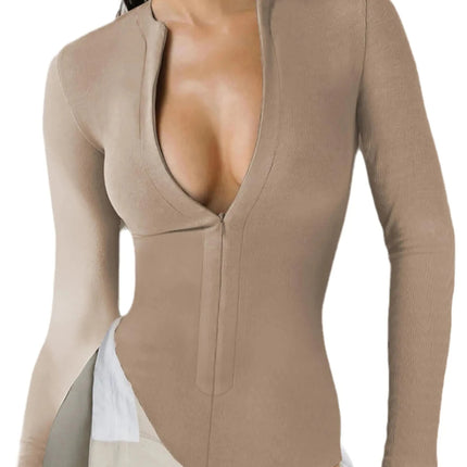 Womens Long Sleeve Zip Up Bodysuit Tops Sexy Stretchy Slim Fit Tummy Control Seamless Ribbed Shapewear Body suits Khaki Large - Lamarshop1