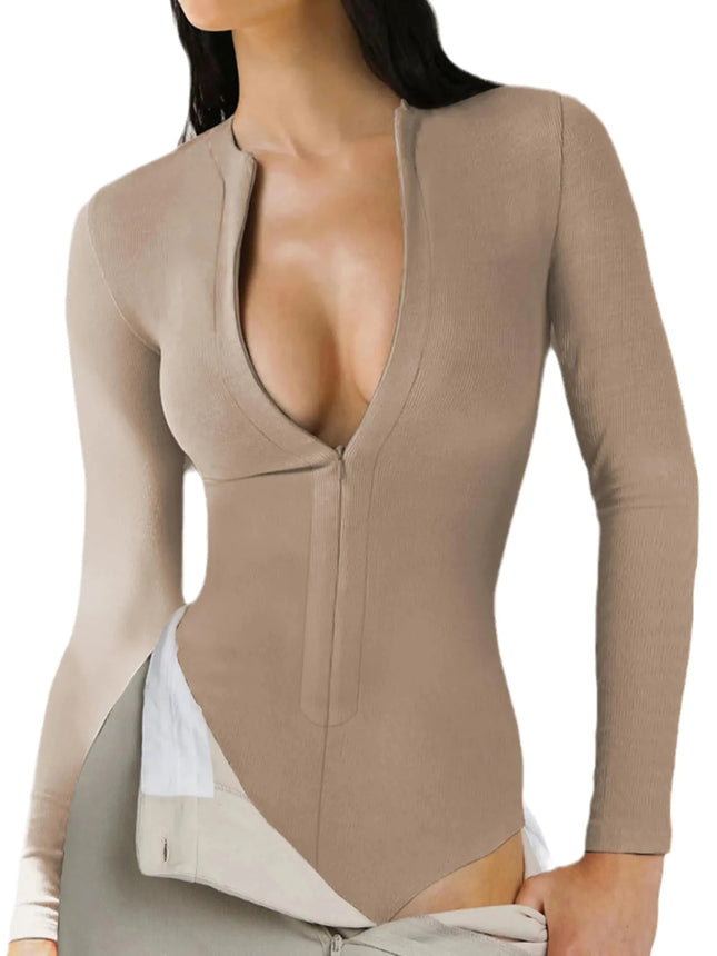 Womens Long Sleeve Zip Up Bodysuit Tops Sexy Stretchy Slim Fit Tummy Control Seamless Ribbed Shapewear Body suits Khaki Large - Lamarshop1