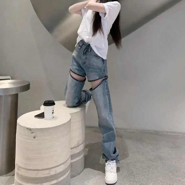 Removable Zipper Two-Way Ripped Wide-Leg Jeans