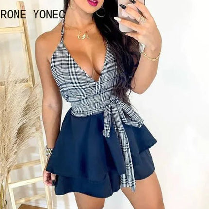 Chic Women’s Halter V Neck Plaid Top & Ruffle Mini Skirt