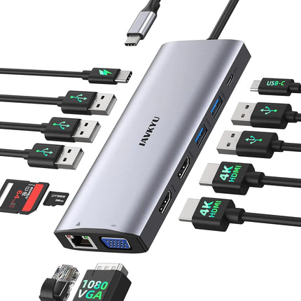 Docking Station 3 Monitors for Windows Laptop USB C Docking Station with Dual HDMI 4K 60Hz 1 VGA 5 USB-A 100W PD Ethernet Mic/Audio SD/TF USB Hub for Laptop for Dell XPS/HP/Lenovo/Surface