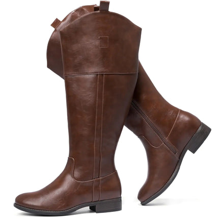 Luoika Womens Extra Wide Calf Knee High Boots Western Cowyboy Cowgirl Knee - High Boots Plus Size Wide Width Low Heel Winter Fall Boots. 231201 Brownpu 9XW - Lamarshop1