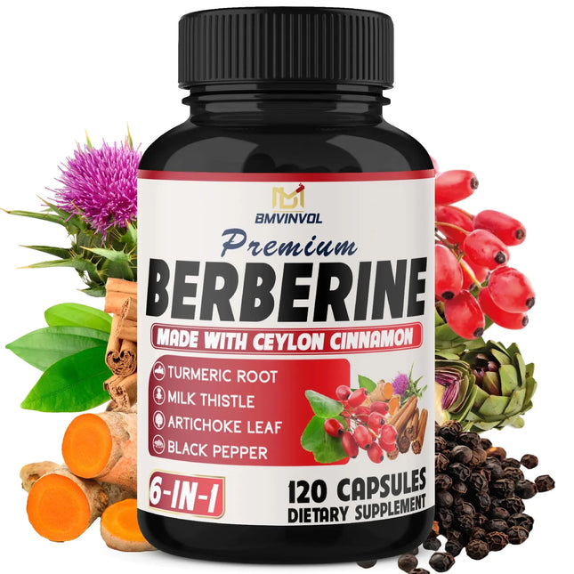BMVINVOL 6in1 Berberine Supplement with Ceylon Cinnamon Tumeric Root Milk Thistle Artichoke Black Pepper - 120 Capsules for 4 Month Supply - Lamarshop1