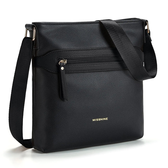 Missnine Crossbody Bags for Women Multi Pocket Purses Soft Leather Medium Shoulder Handbags with Adjustable Strap (Simple Black)