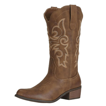Js.o.l.e Western Cowgirl Cowboy Boots for Women Mid Wide Calf Pointed Toe Riding Country Brown Boots US Size 9 - Lamarshop1