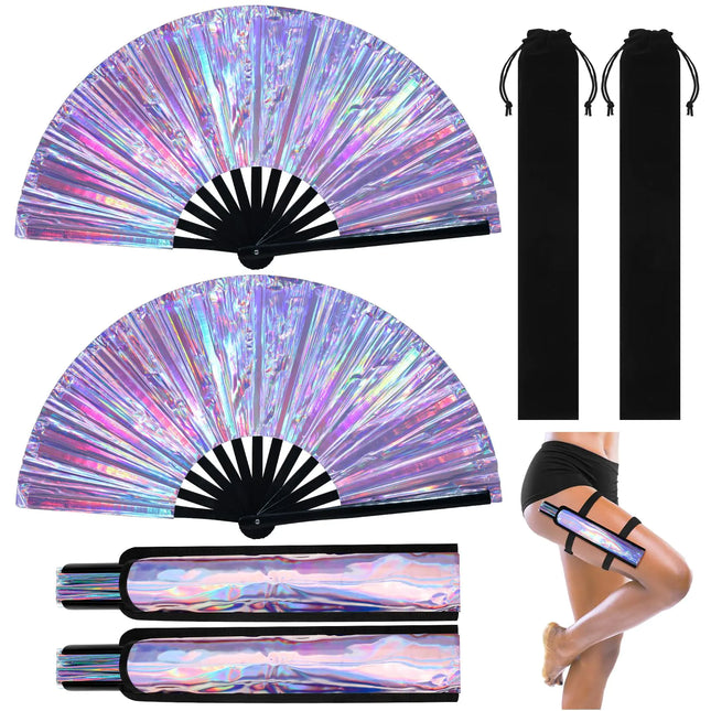 Anglechic 6 Pcs Large Rave Fan Set with Folding Hand Fan Fan Holster for Festival Party (Holographic Silver) - Lamarshop1