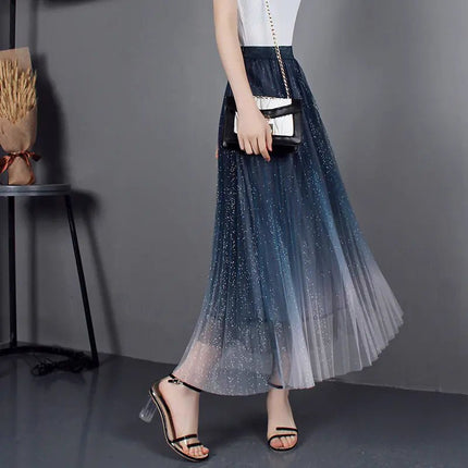 High - Waisted Pleated Skirt with Gradient Mesh Design - Lamarshop1