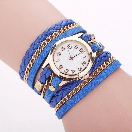 PU Leather Woven Bracelet Watch with Quartz Chain