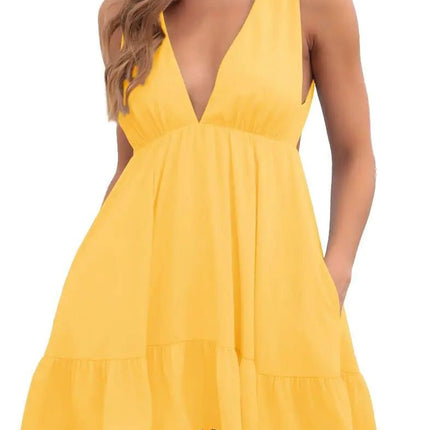 Febriajuce Womens Summer Mini Dress Loose Ruffle Deep V - Neck Backless Strap Solid Casual Short Dresses with Pockets Yellow - Lamarshop1