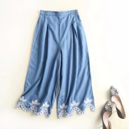 Embroidered Wide-Leg Jeans with Elastic Waistband