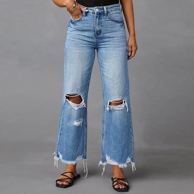 High Waist Wide Leg Jeans with Water Washed Holes