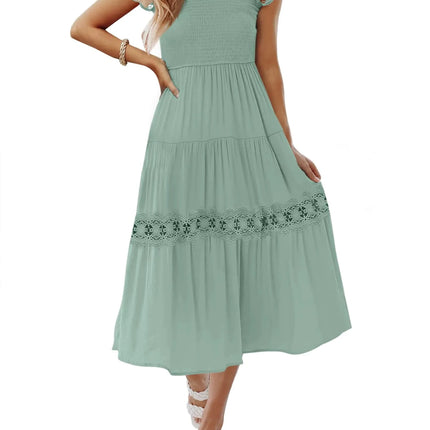 ZESICA Womens Casual Crew Neck Flutter Sleeve Smocked High Waist Hollow Out Lace Trim Tiered A Line Midi DressSageSmall - Lamarshop1