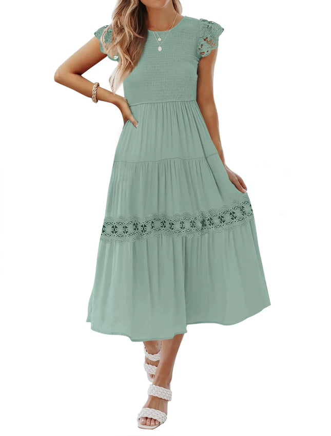 ZESICA Womens Casual Crew Neck Flutter Sleeve Smocked High Waist Hollow Out Lace Trim Tiered A Line Midi DressSageSmall - Lamarshop1