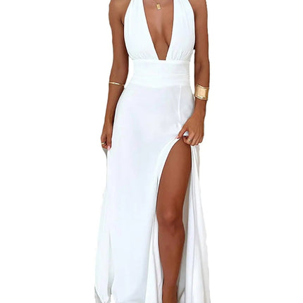 Ekaliy Sexy Halter Dress for Women Bow Tie Backless Dress High Slit White Long Dress 2XL