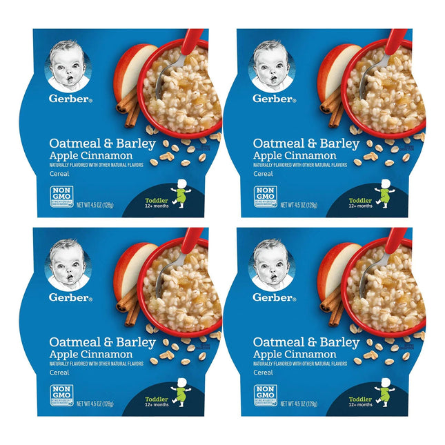 Gerber Breakfast Buddies Toddler Cereal Oatmeal & Barley Apple Cinnamon Cereal Non - GMO Whole Grain Oats & Real Fruit Made for Toddlers 4.5 OZ Tray (Pack of 4) - Lamarshop1